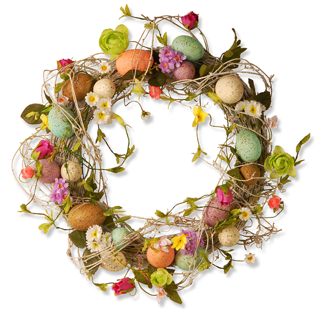 Artificial Hanging Wreath, Decorated With Eggs, Flower Blooms, Branches, Easter Collection, 18 Inches