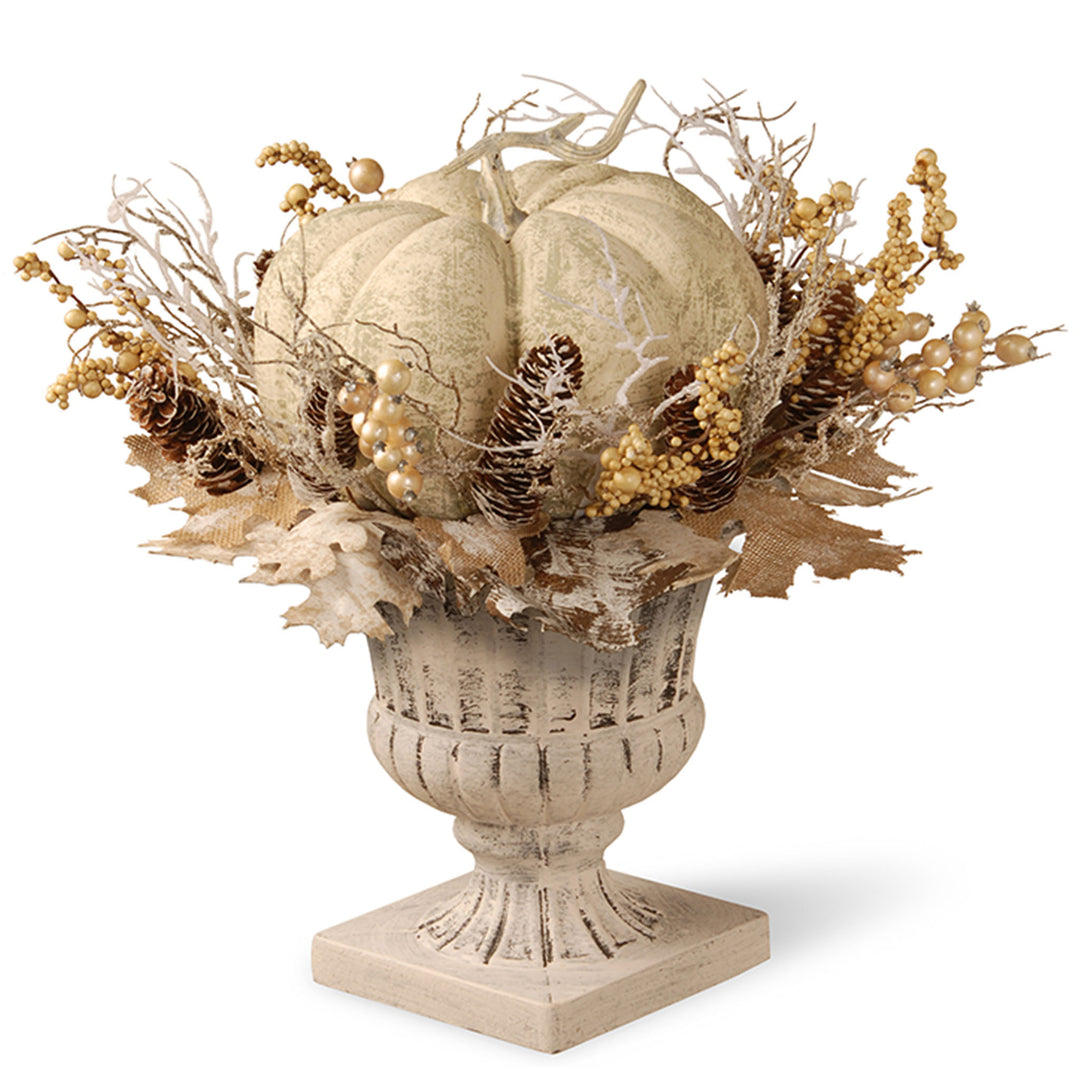 Artificial Pumpkin Urn, Decorated with Pinecones, Berry Clusters, Branches, White, Autumn Collection, 18 in