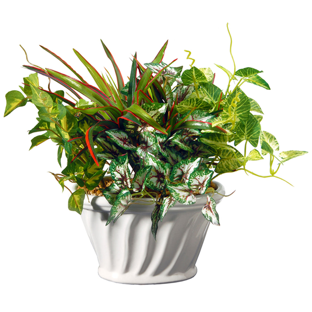 Artificial Potted Plant, Decorated with Ivy, Snake Plants, Leafy Greens, Includes White Ceramic Base, Spring Collection, 11 Inches