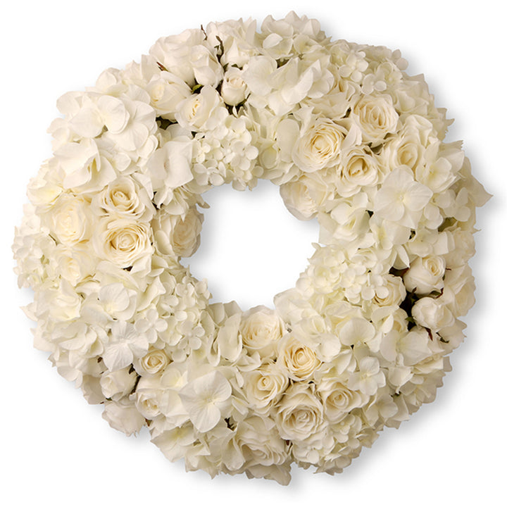 Artificial Floral Wreath, White, Decorated with Roses and Hydrangea Blooms, Valentine's Day Collection, 18 Inches