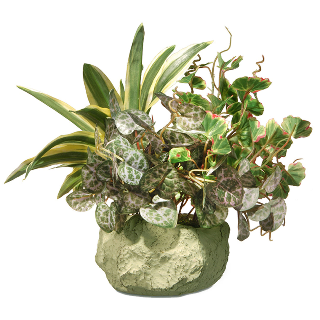 Artificial Potted Plant, Decorated with Ivy, Snake Plants, Leafy Greens, Includes Rock Ceramic Base, Spring Collection, 9 Inches