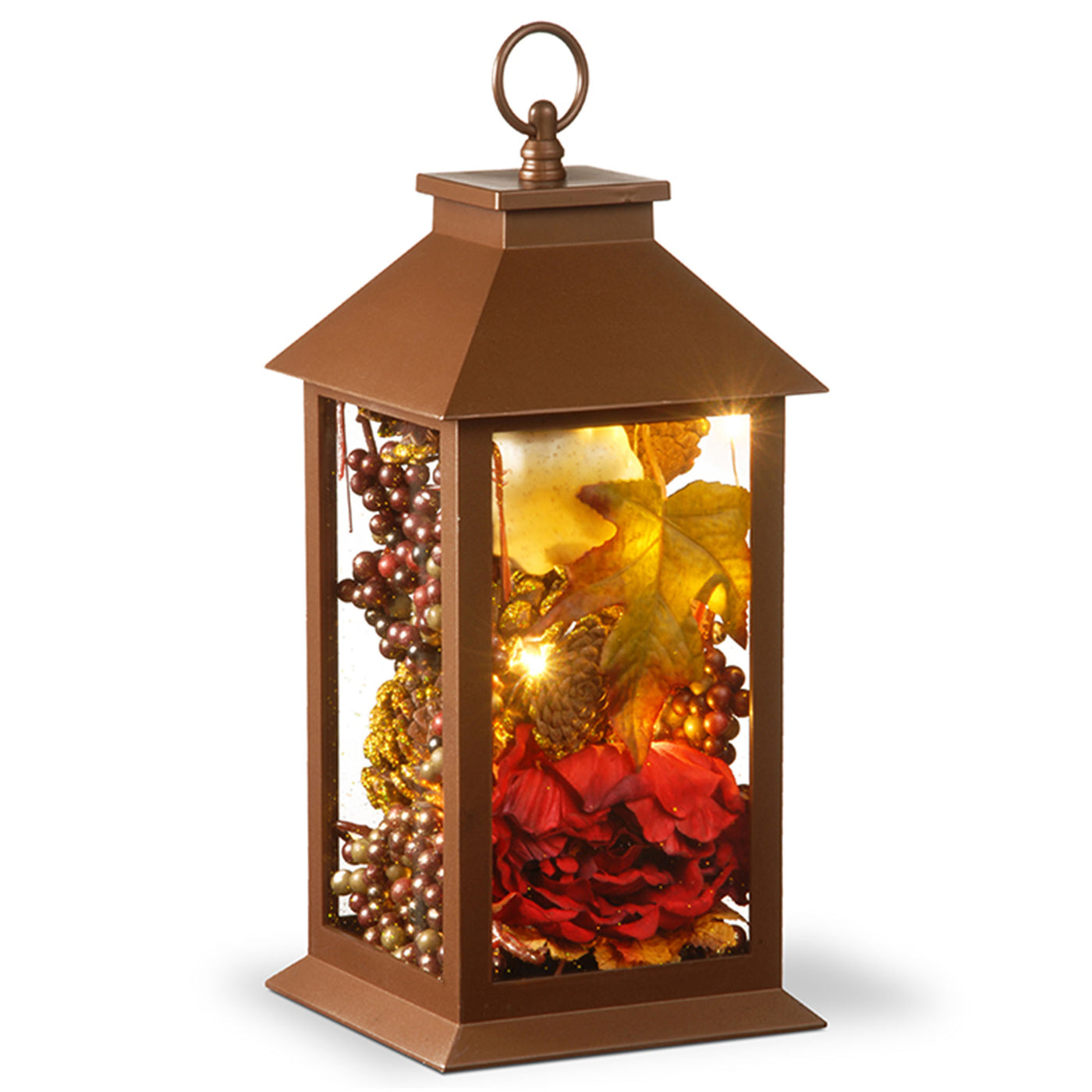 12 in. Fall Lantern with LED Lights, Filled with Pumpkins, Leaves, Flowers, Berry Clusters - National Tree Company