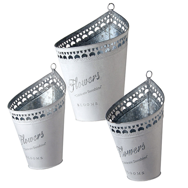 Garden Flower Planters, Pack of 3 White Tin 'Flower' Pots, Features Hanging Loops, Spring Collection, Varying Sizes