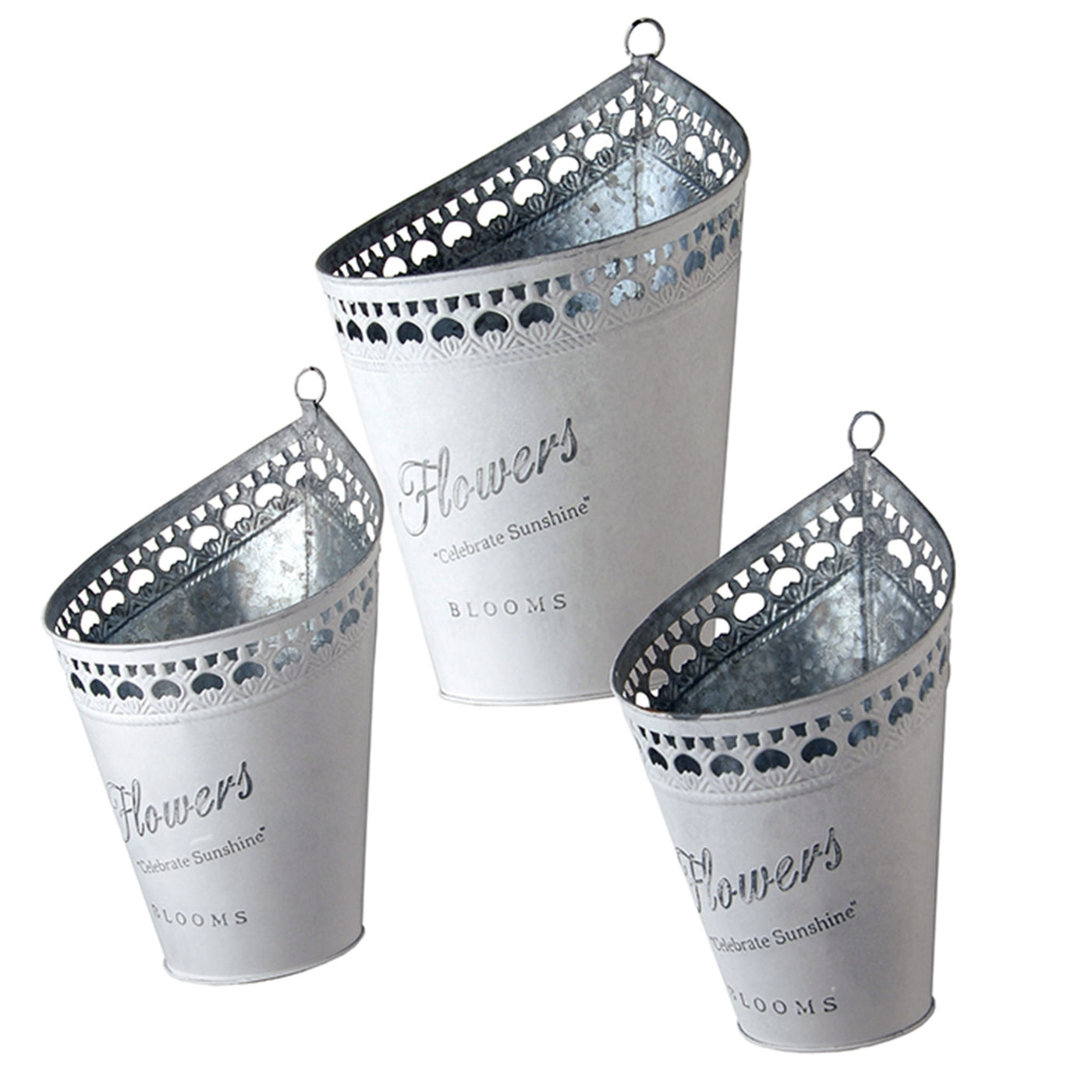 3-Piece Garden Flower Planters, White Tin 'Flower' Pots - National Tree Company