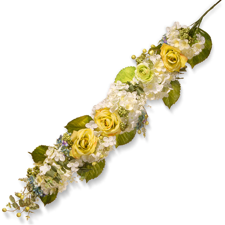 Artificial Floral Wall DAccor, Vine Stem Base, Decorated with Yellow Roses, White Hydrangeas, Berry Clusters, Spring Collection, 48 Inches