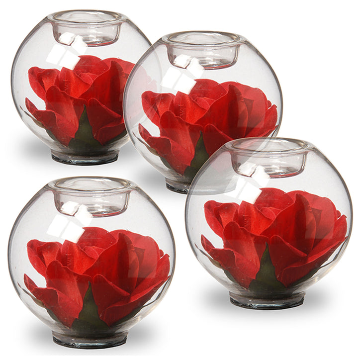 Set of Four Rose Filled Glass Candleholders