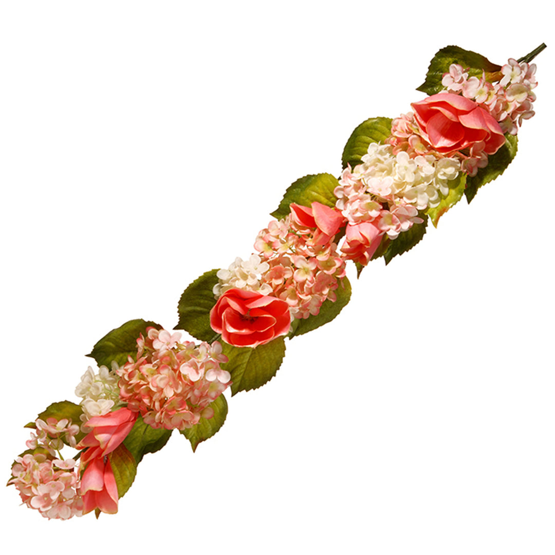 Artificial Hanging Garland, Vine Stem Base, Decorated with White Hydrangea and Pink Rose Blooms, Leafy Greens, Spring Collection, 4 Feet