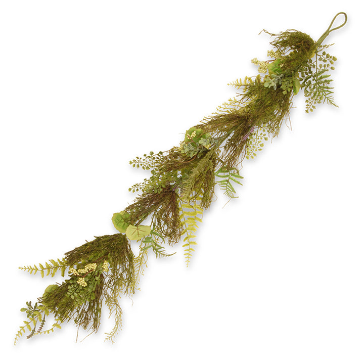 Artificial Hanging Garland, Green, Woven Branch Base, Decorated with Fern Leaves, Lavender, Leafy Greens, Spring Collection, 45 Inches