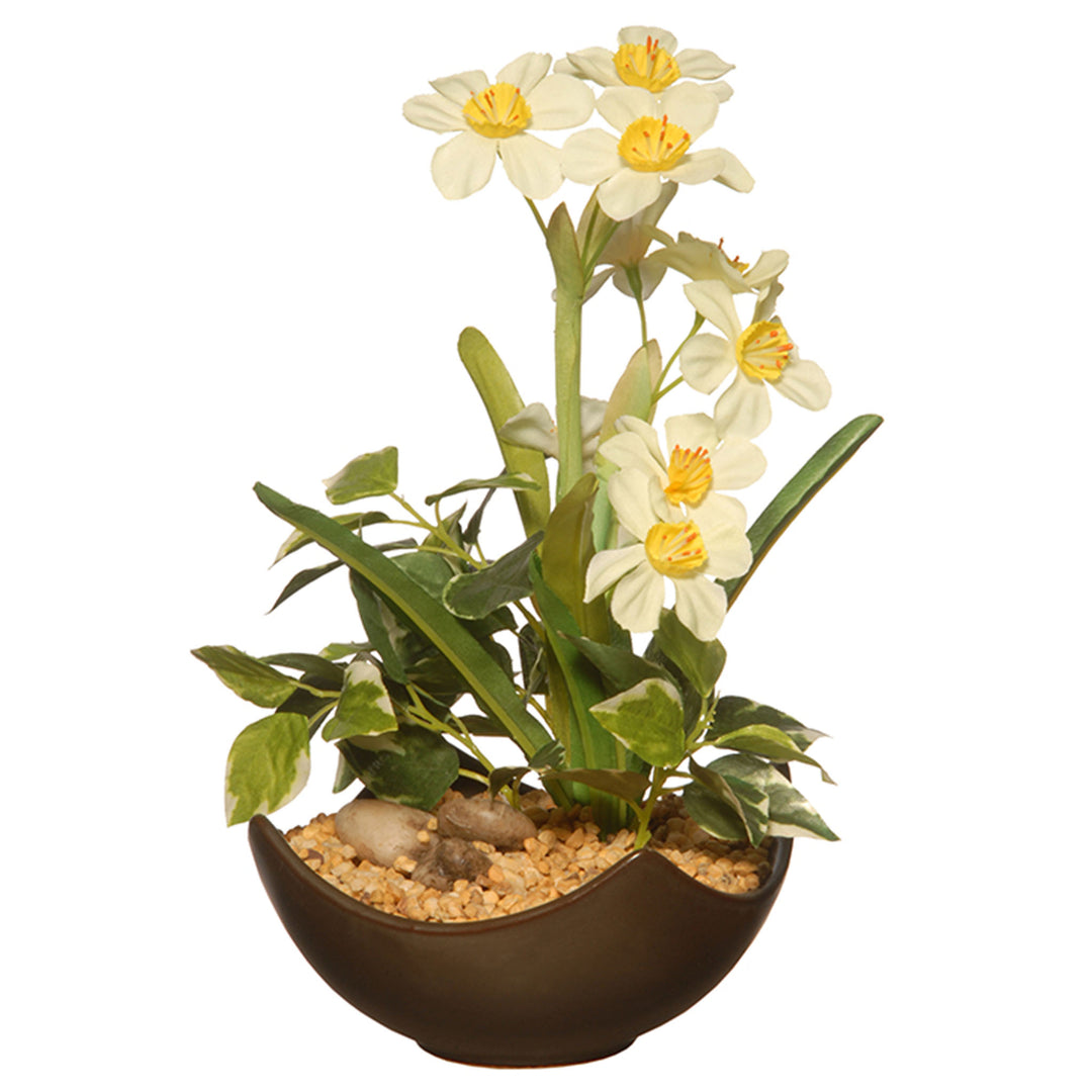 Artificial Potted Plant, Decorated with Narcissus Flower Blooms, Flowing Green Stems, Includes Stylish Brown Ceramic Pot Base, Spring Collection, 9 Inches