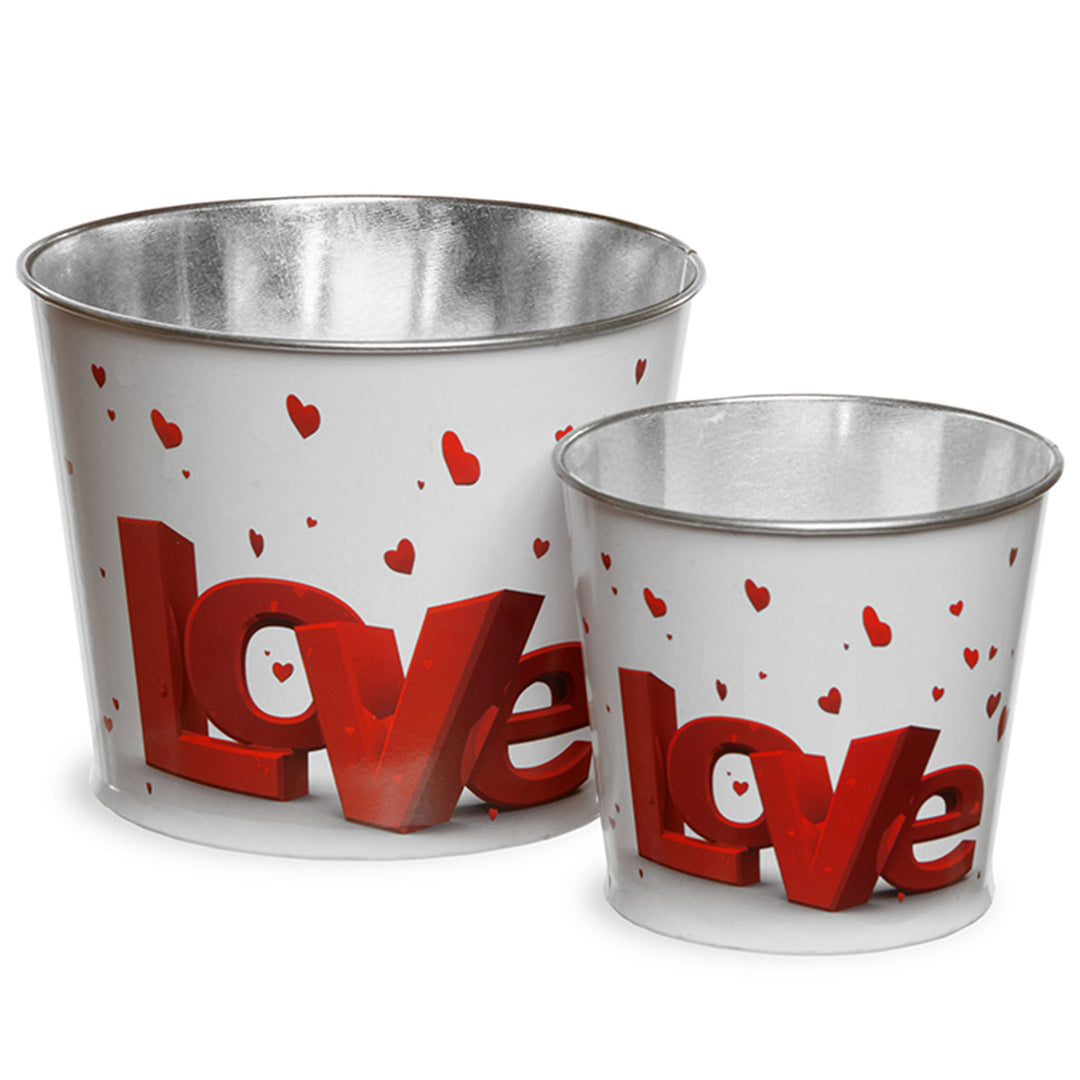 'LOVE' Tin Pots, White, Decorated with Red Hearts, Valentine's Day Collection, Pack of 2