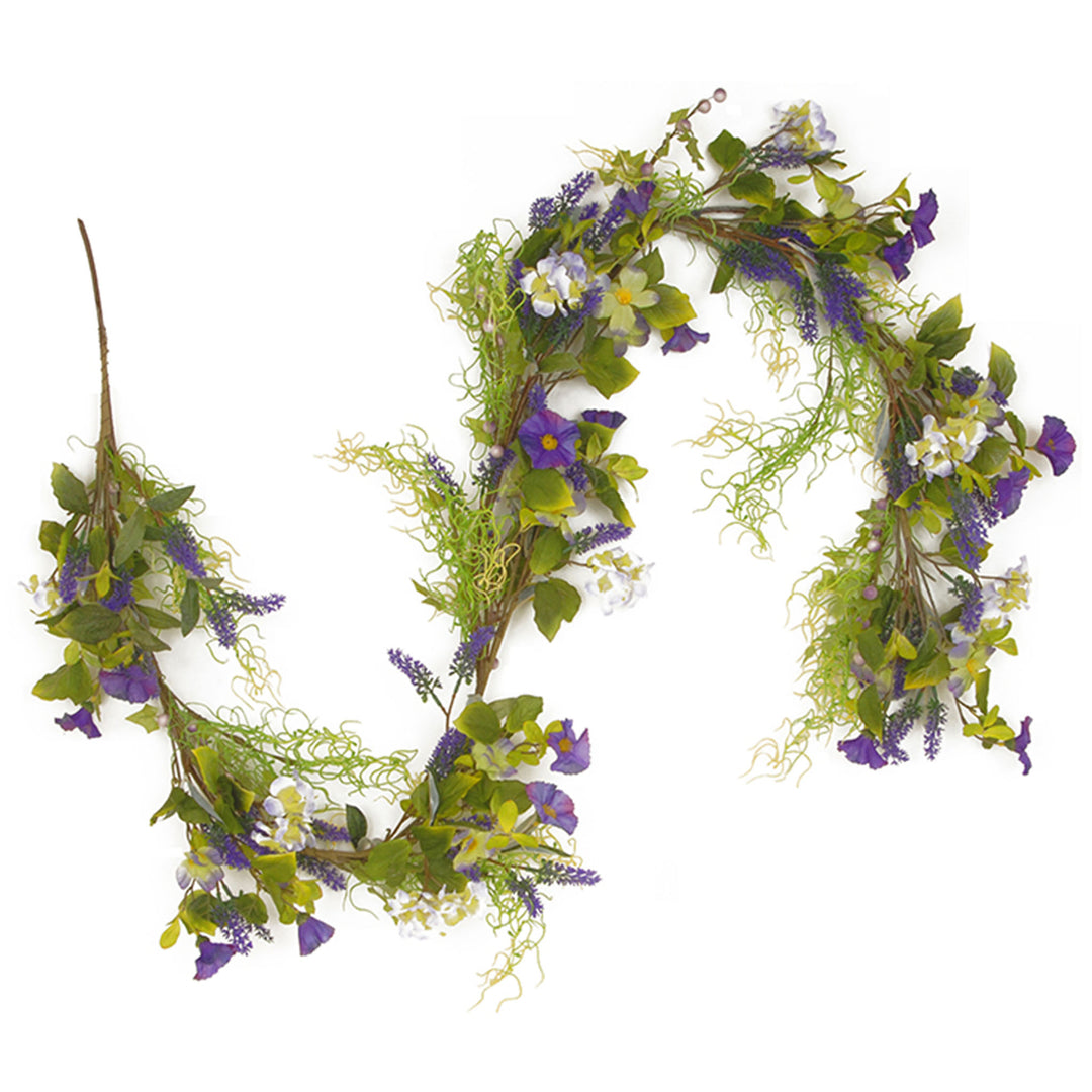 Artificial Hanging Garland, Vine Stem Base, Decorated with Purple and White Flowers, Green Leaves, Yellow Grass, Spring Collection, 6 Feet