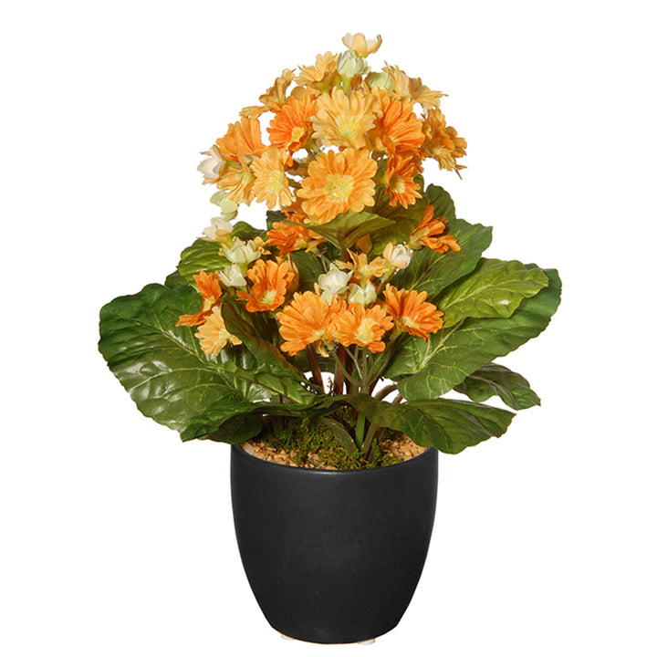 Artificial Potted Plant, Orange Flower Blooms, Includes Black Ceramic Pot, Spring Collection, 12 Inches