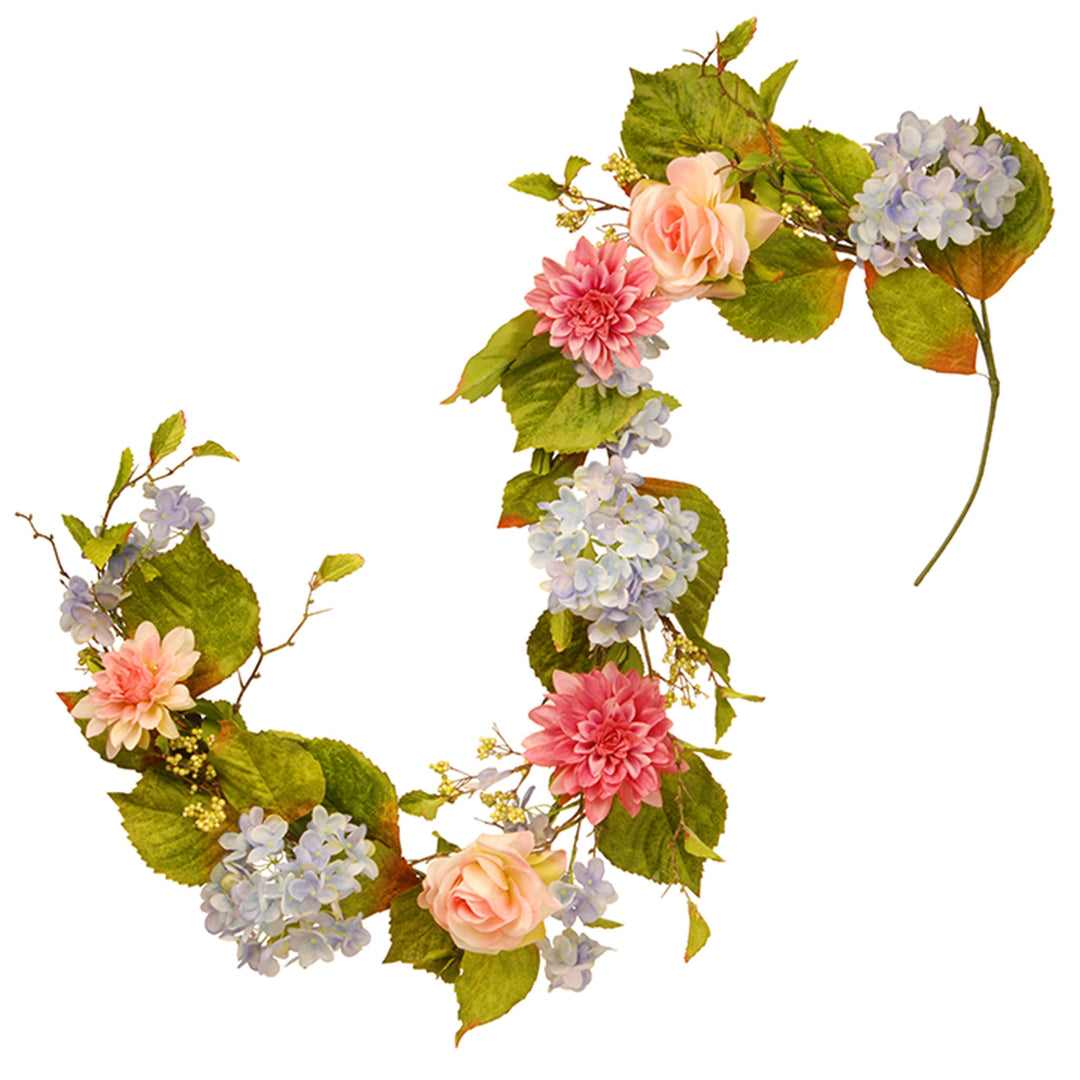Artificial Hanging Garland, Vine Stem Base, Decorated with Multicolor Hydrangea, Rose and Dahlia Blooms, Berry Clusters, Leafy Greens, Spring Collection, 70 Inches