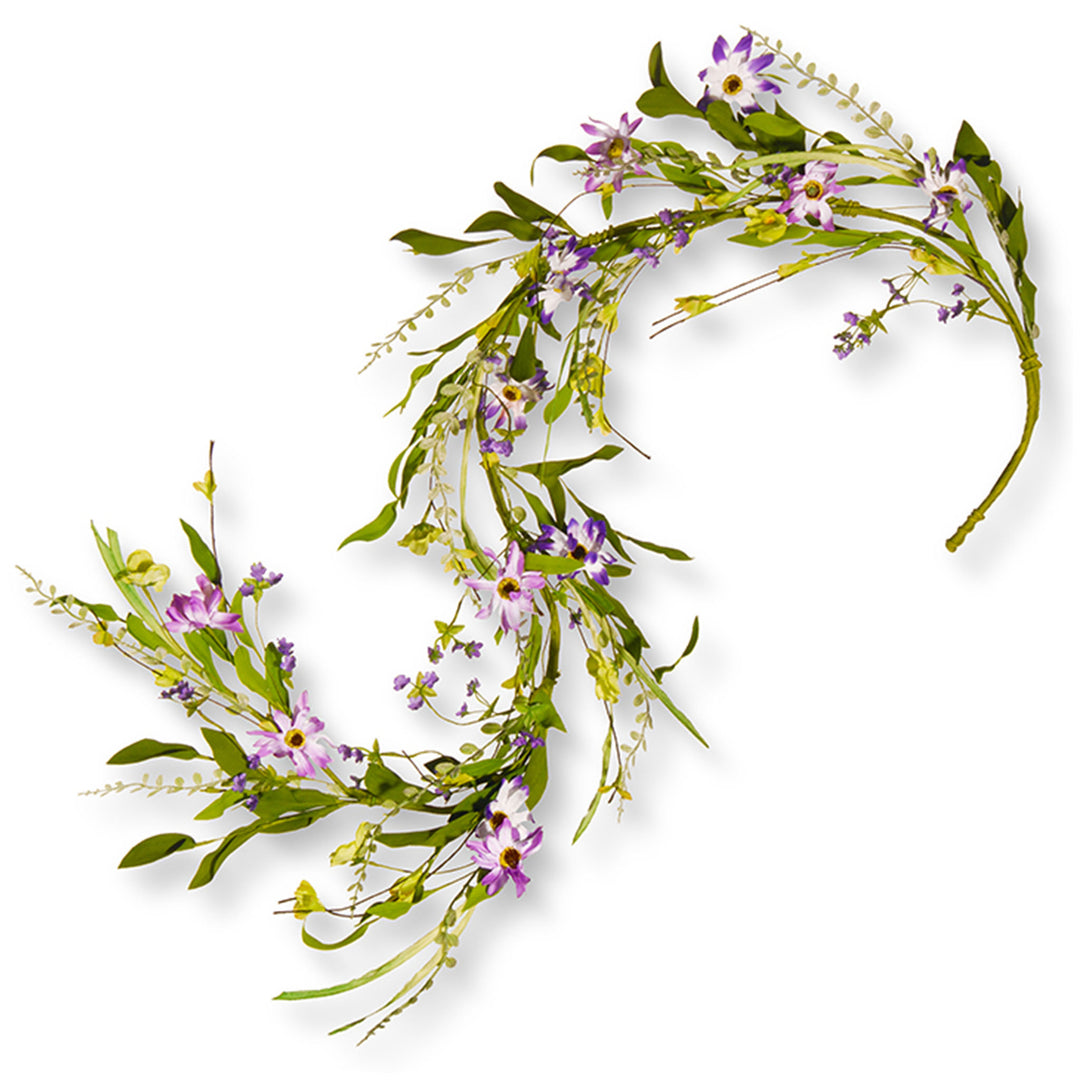 Artificial Floral Garland, Vine Stem Base, Decorated with Fern Fronds, Purple Flower Blooms, Leafy Greens, Spring Collection, 5 Feet