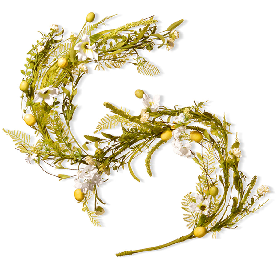 Spring Tree Garland 5 ft. Spring Garland with Fern Fronds, White Flower Blooms, Miniature ...