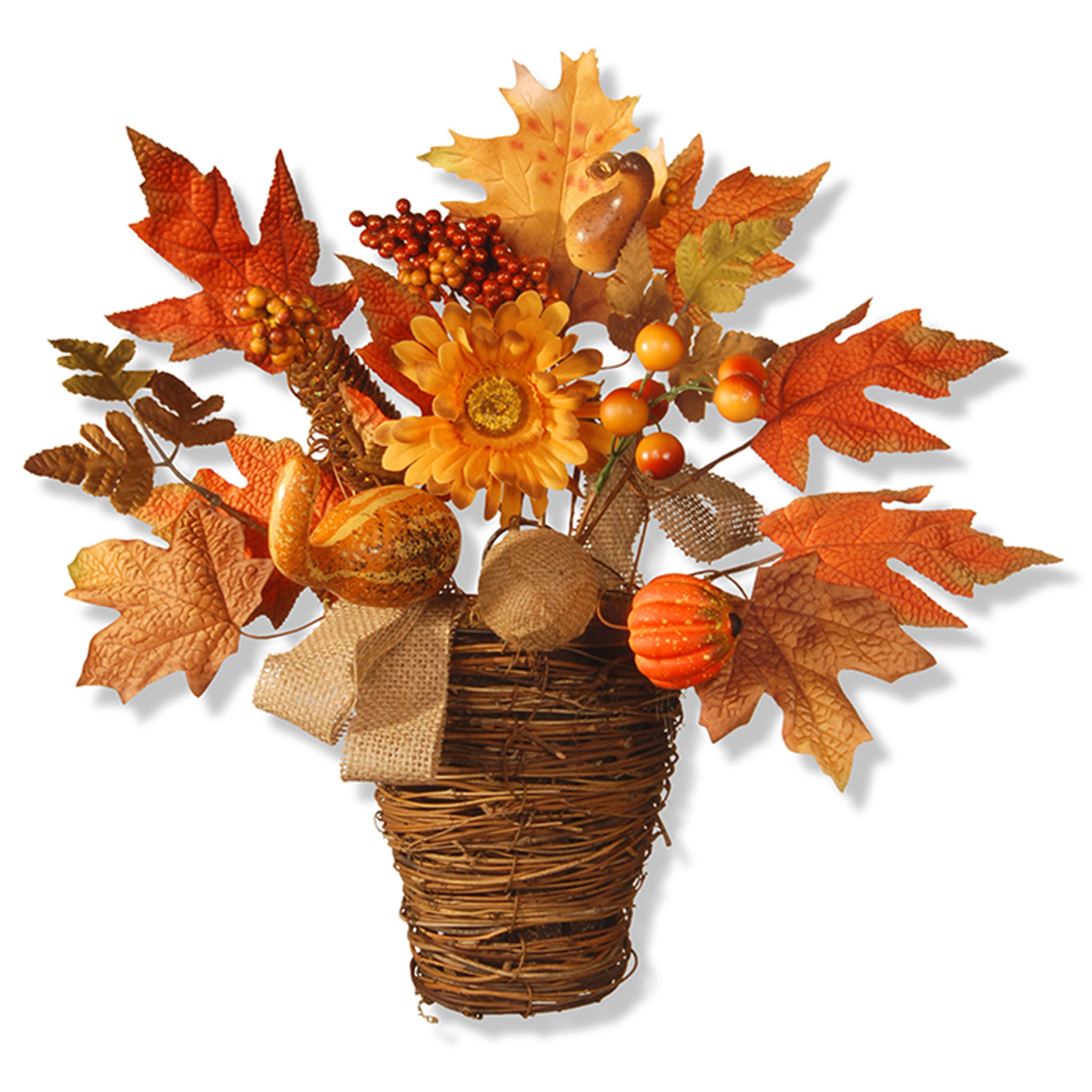 Artificial Flowers in Wicker Basket, Decorated with Pumpkins, Gourds, Berry Clusters, Burlap, Maple Leaves, Autumn Collection, 16 in