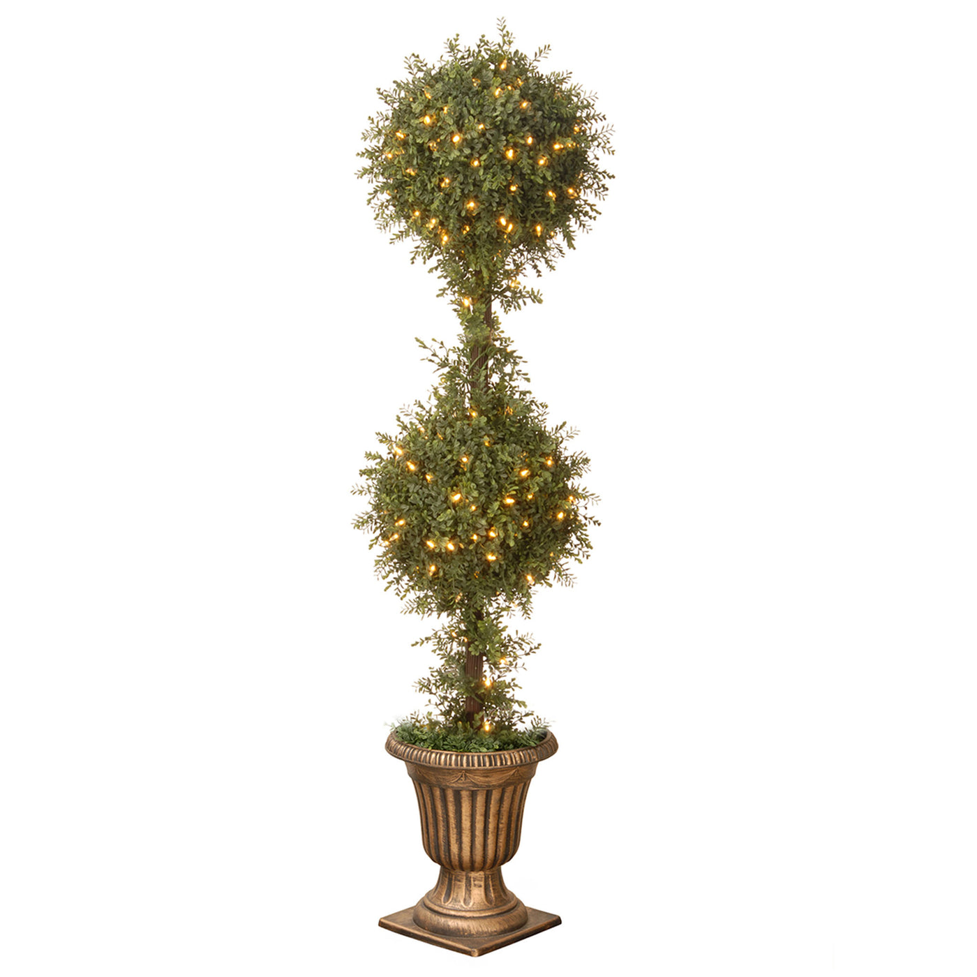 60 in. Pre-Lit Mini Tea Leaf 2 Ball Topiary in a Gold Urn with Clear Lights - National Tree Company