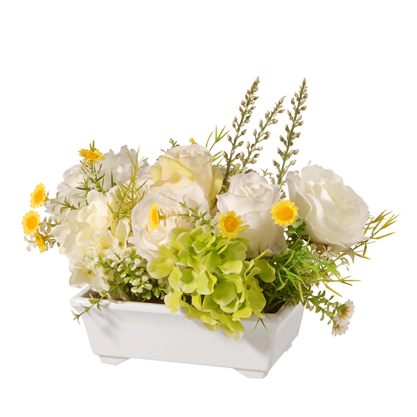 7 in. Spring White Hydrangeas and Roses Flower Potted in a White Pot Base - National Tree Company