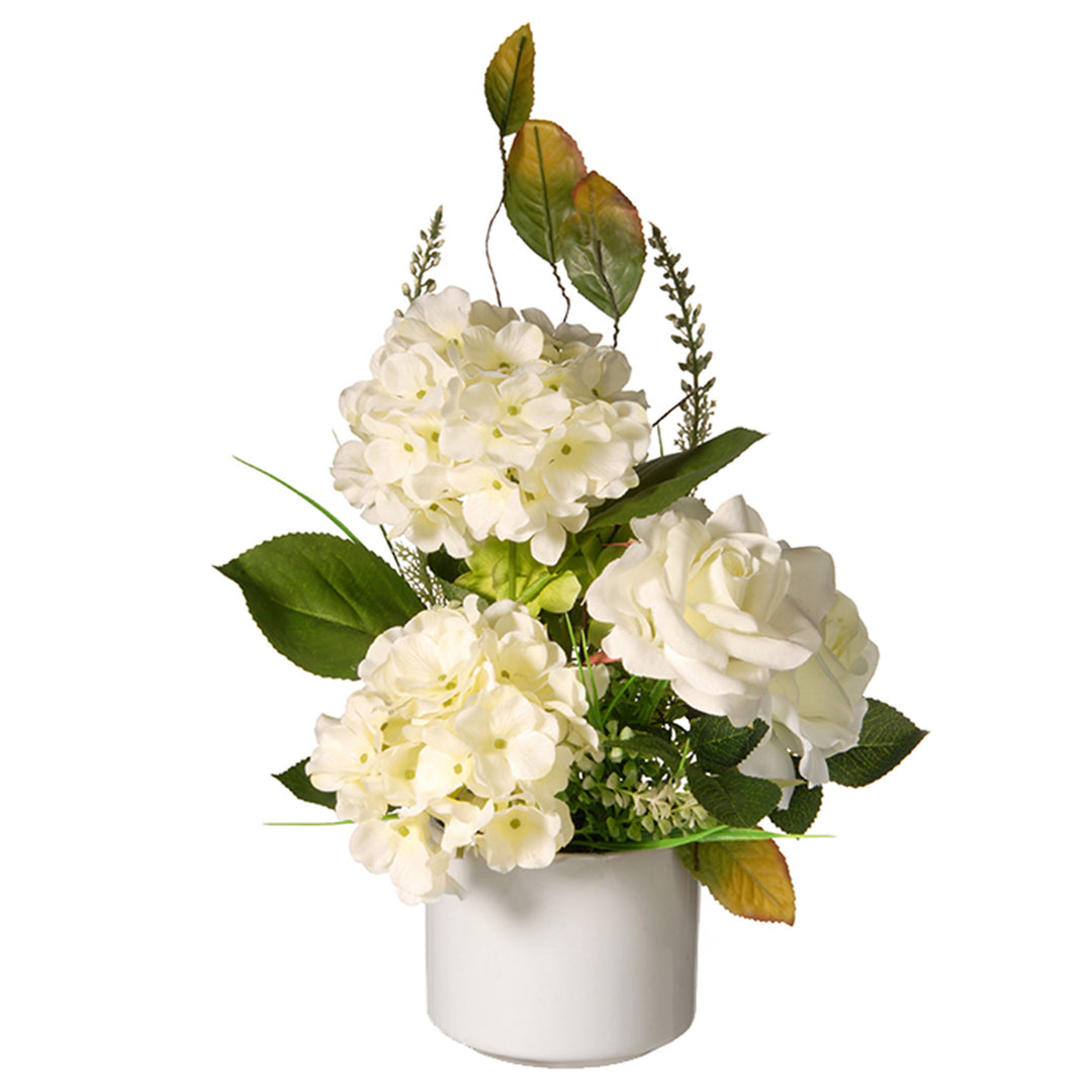 Artificial Potted Flowers, Hydrangea Blooms, Decorated with Leafy Greens, Includes White Pot Base, Spring Collection, 9 Inches