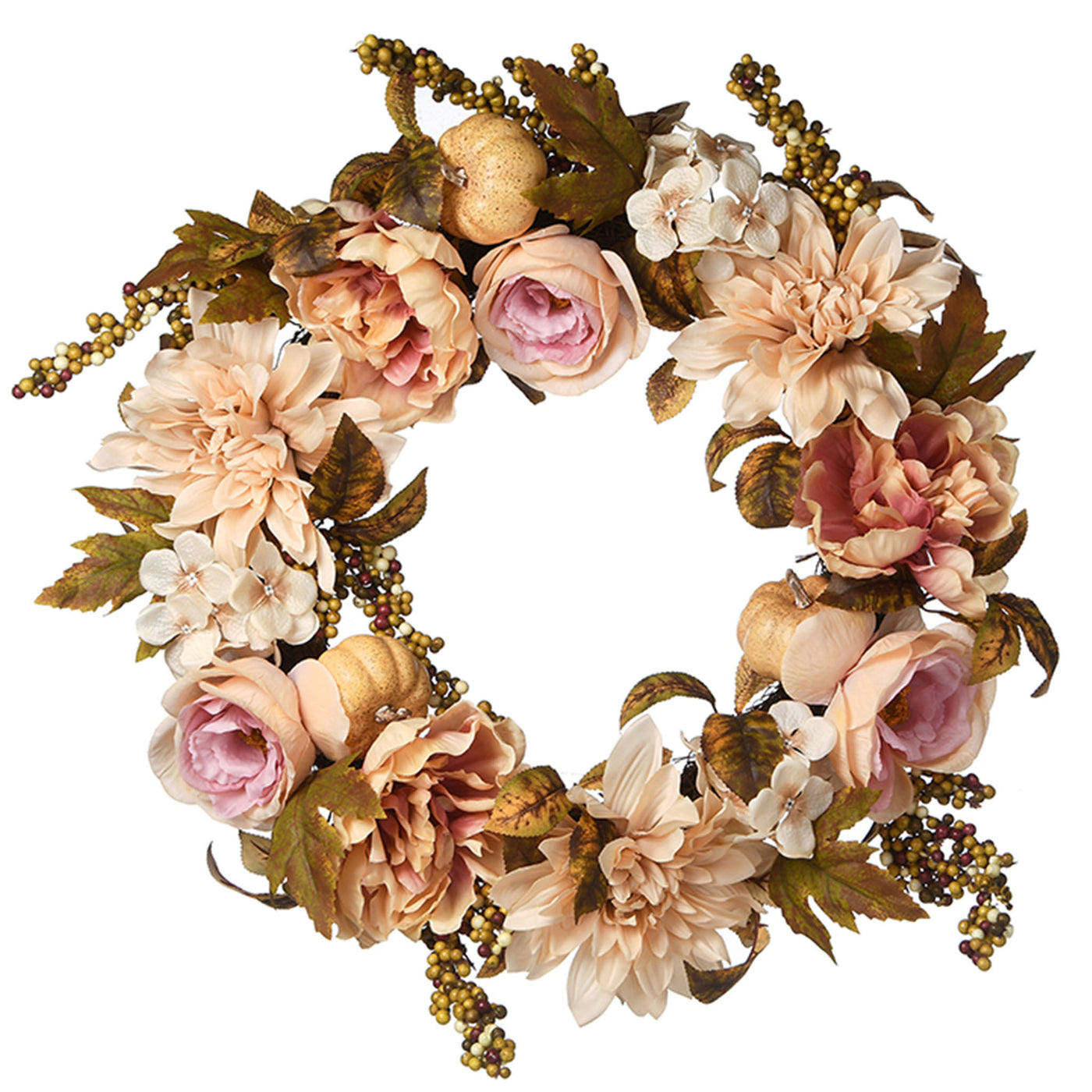Artificial Autumn Wreath, Decorated with Dahlias, Peonies, Roses, Pumpkins, Berry Clusters, Autumn Collection, 24 in - National Tree Company