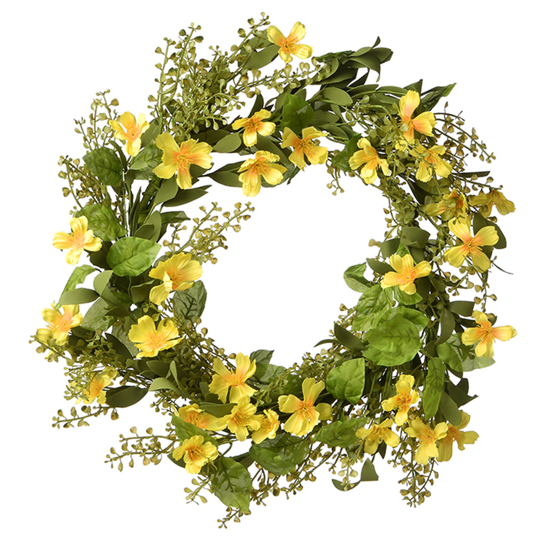 Artificial Hanging Wreath, Woven Vine Stem Base, Decorated with Yellow Cosmos Flower Blooms, Flowing Green Stems, Spring Collection, 22 Inches