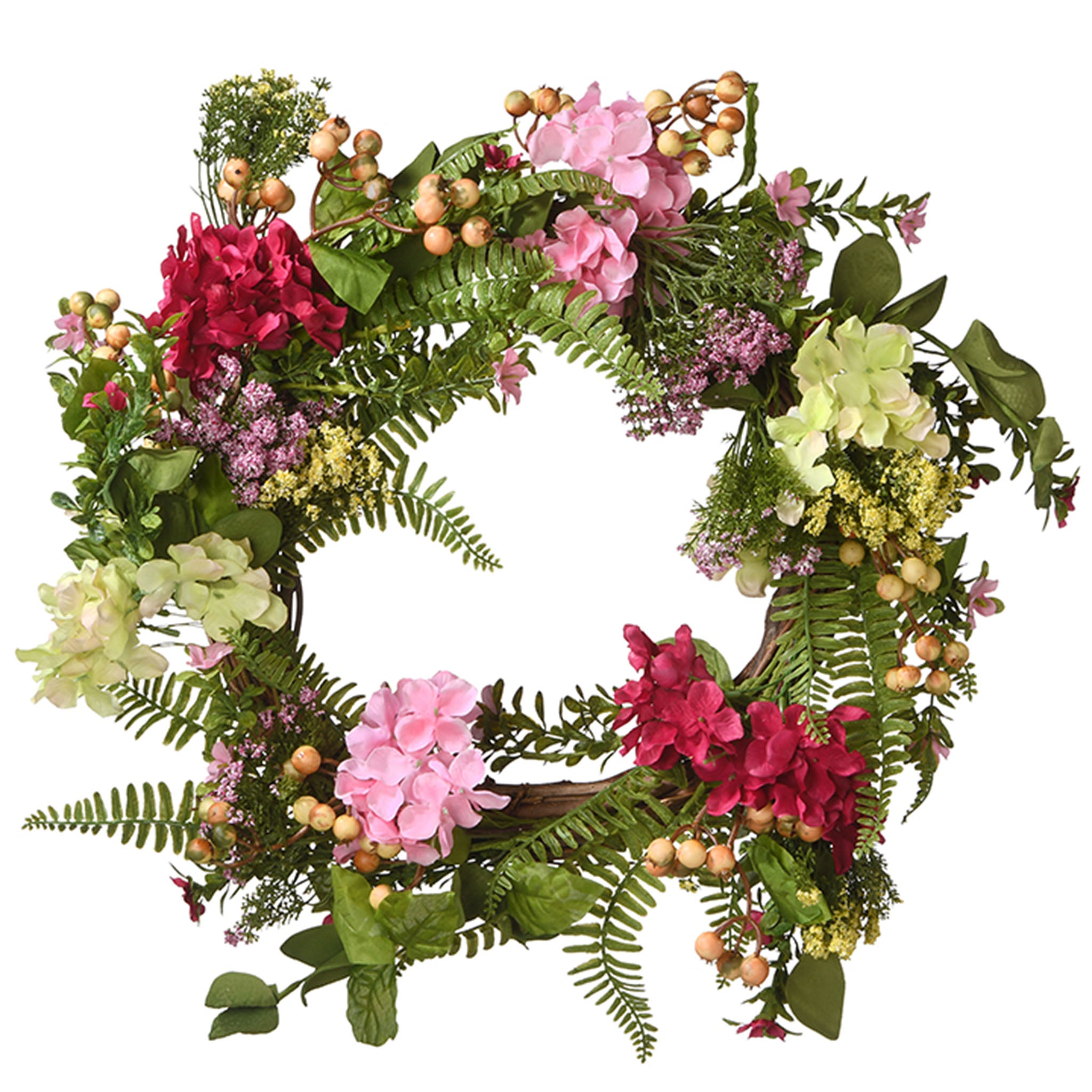 National Tree Company Artificial Hanging Wreath, Woven Branch Base, Red, Pink and Yellow Hydrangea Blooms, Berry Clusters, Wild Flowers, Fern Fronds, Spring Colelction, 22 Inches