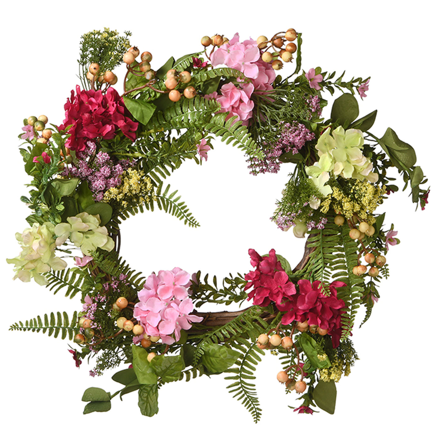 Artificial Hanging Wreath, Woven Branch Base, Red, Pink and Yellow Hydrangea Blooms, Berry Clusters, Wild Flowers, Fern Fronds, Spring Colelction, 22 Inches - National Tree Company