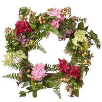Artificial Hanging Wreath, Woven Branch Base, Red, Pink and Yellow Hydrangea Blooms, Berry Clusters, Wild Flowers, Fern Fronds, Spring Colelction, 22 Inches - National Tree Company