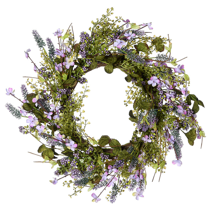 Artificial Hanging Wreath Woven Branch Base, Decorated with Lavender Flower Blooms, Berry Clusters, Flowing Green Stems, Seed Pods, Spring Collection, 22 Inches