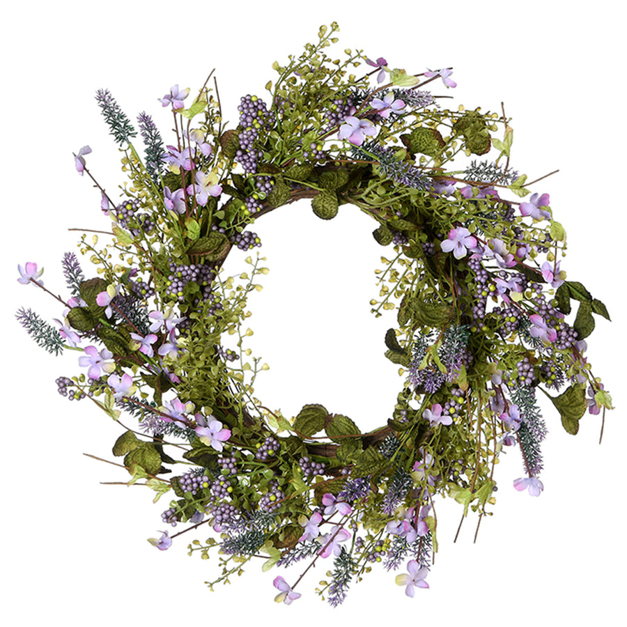 22 in. Spring Wreath with Lavender Flower Blooms, Berry Clusters, Flowing Green Stems - National Tree Company