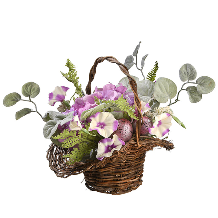 Artificial Wicker Spring Basket, White, Filled with Eggs, Leaves, Flower Blooms, Easter Collection, 16 Inches