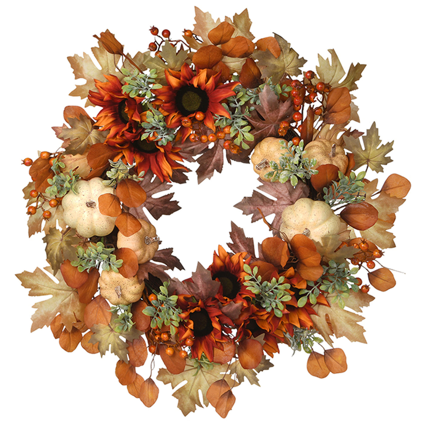 National Tree Company Artificial Autumn Wreath, Decorated with Pumpkins, Sunflowers, Berry Clusters, Assorted Leaves, Autumn Collection, 24 in - National Tree Company
