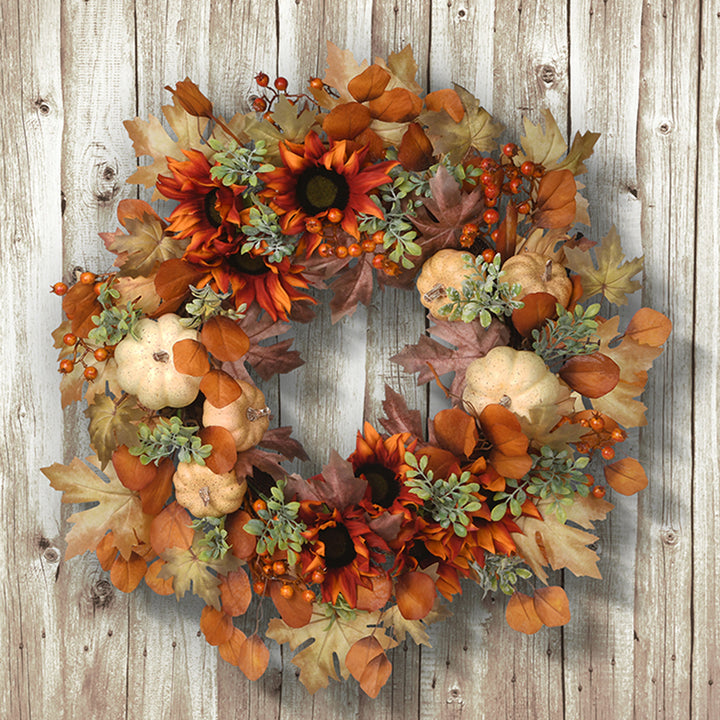 National Tree Company Artificial Autumn Wreath, Decorated with Pumpkins, Sunflowers, Berry Clusters, Assorted Leaves, Autumn Collection, 24 in