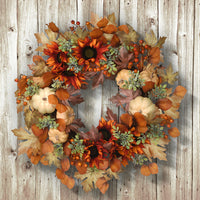 National Tree Company Artificial Autumn Wreath, Decorated with Pumpkins, Sunflowers, Berry Clusters, Assorted Leaves, Autumn Collection, 24 in - National Tree Company