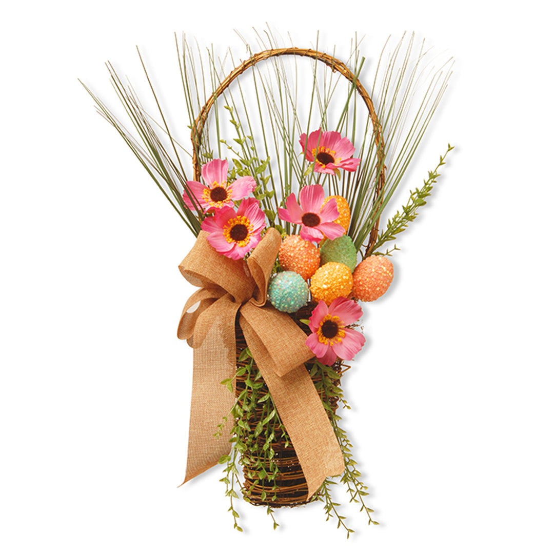 Stuffed Hanging Wall Basket, Wicker, Stuffed with Pastel Eggs, Ribbon, Flower Blooms, Easter Collection, 23 Inches