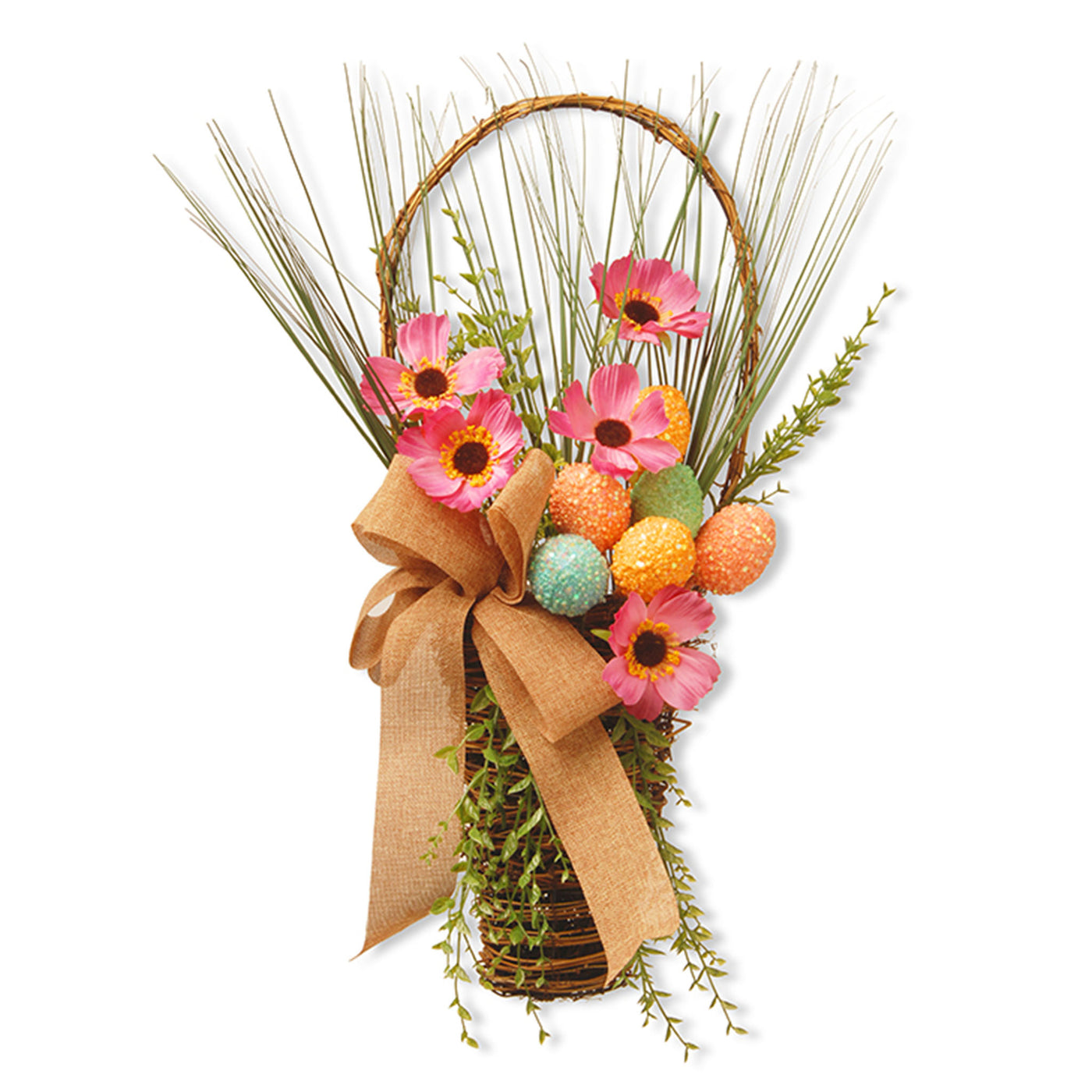 23 in. Easter Stuffed Hanging Wall Basket Stuffed with Pastel Eggs, Ribbon, Flower Blooms - National Tree Company