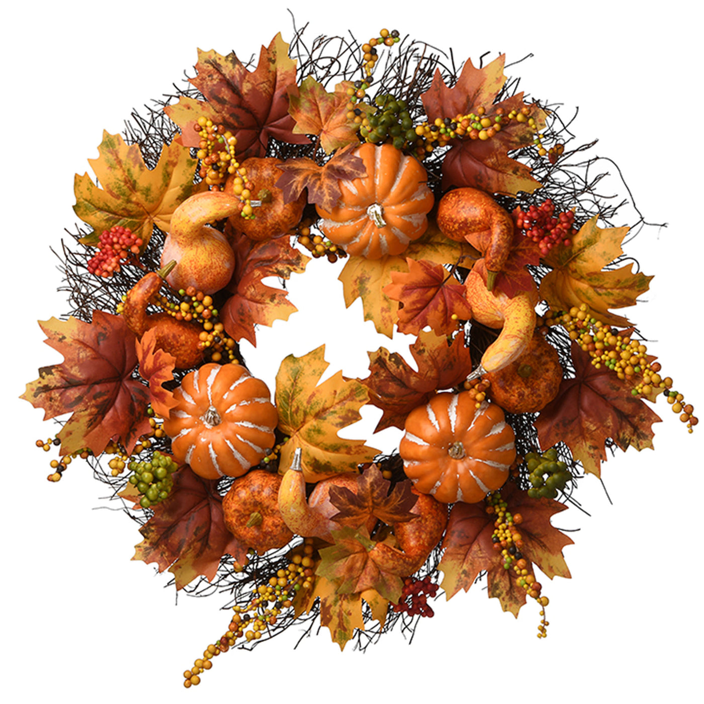 National Tree Company Artificial Autumn Wreath, Decorated with Pumpkins, Gourds, Berry Clusters, Maple Leaves, Autumn Collection, 22 in - National Tree Company