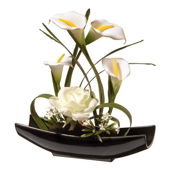 Artificial Potted Flowers, White Lilies and Roses, Includes White Base, Spring Collection, 11 Inches