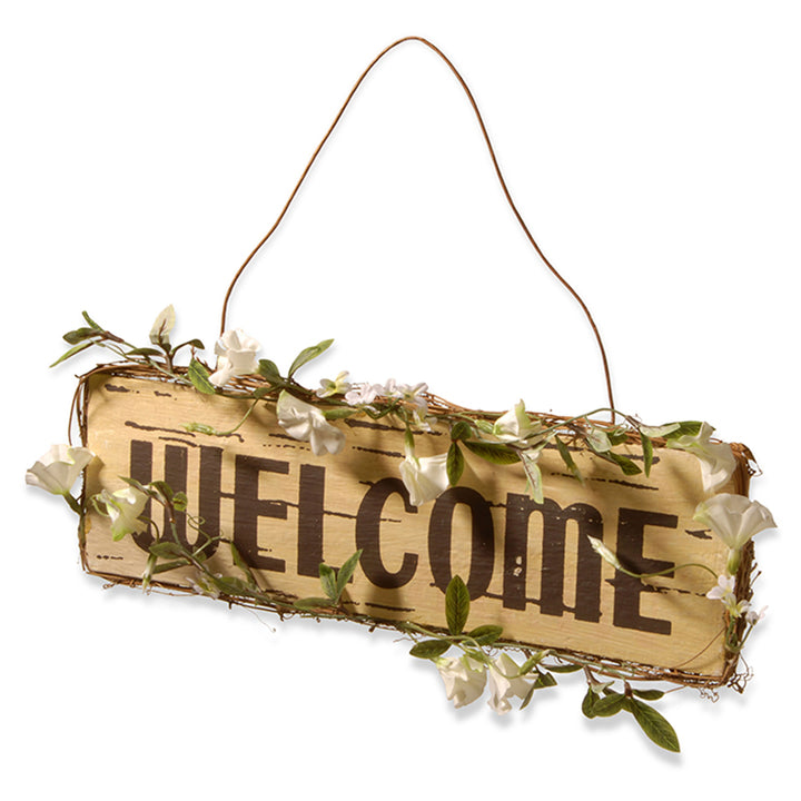 Hanging Welcome Sign, Lightweight Wooden Construction, Decorated with Leafy Vine Trim, Includes Hanging Loop, Spring Collection, 21 Inches