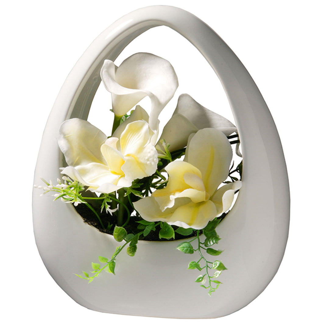 Artificial Potted Flowers, White Lilies and Orchids, Includes White Base, Spring Collection, 9 Inches