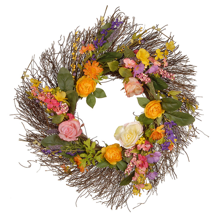 Artificial Hanging Wreath, Woven Branch Base, Decorated with Flower Blooms, Berry Clusters, Leaves, Spring Collection, 24 Inches