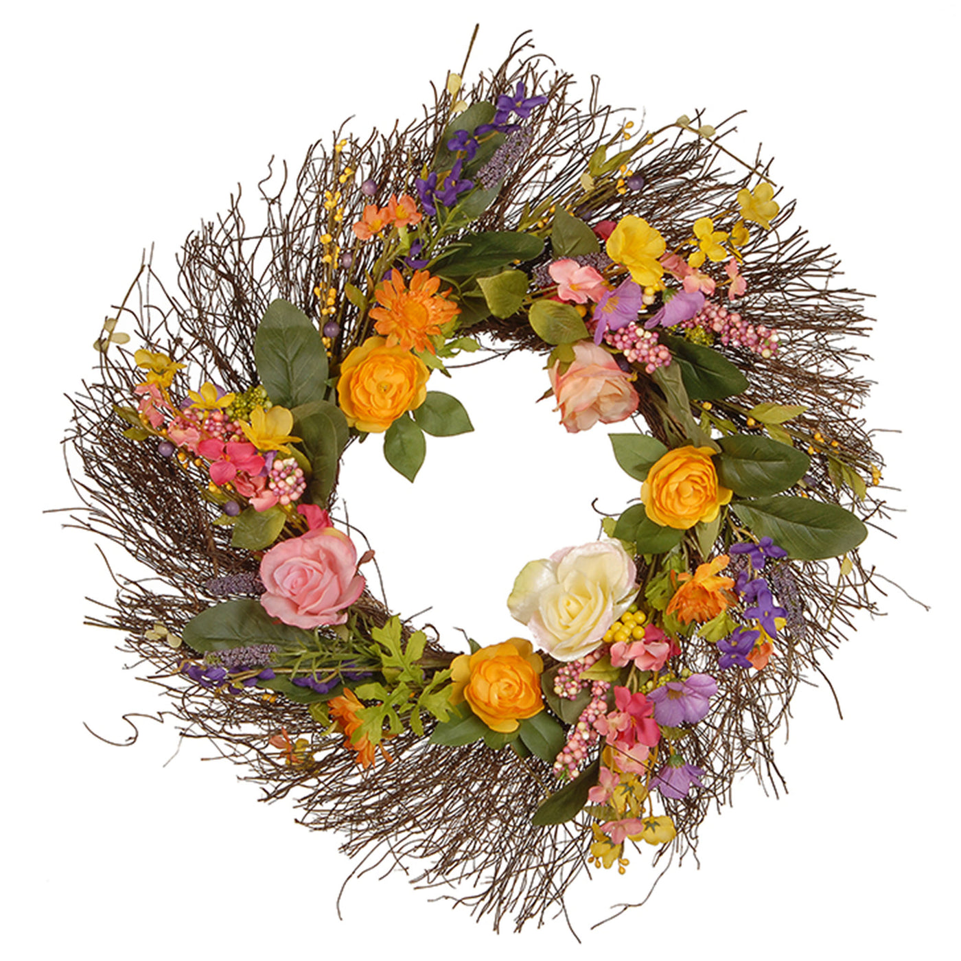 24 in. Spring Wildflower Wreath with Flower Blooms, Berry Clusters, Leaves - National Tree Company