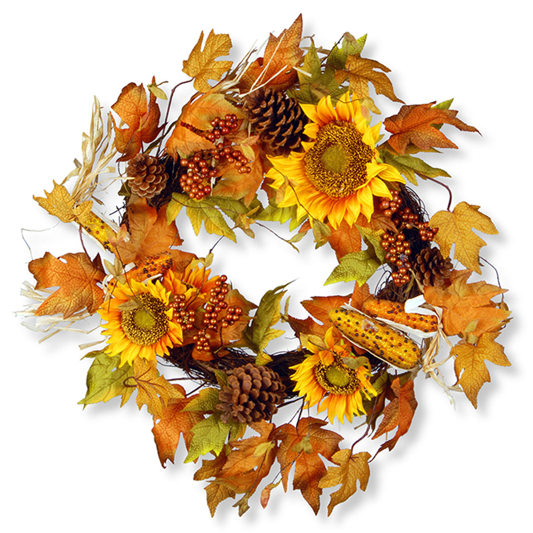 National Tree Company Artificial Autumn Wreath, Decorated with Sunflowers, Pinecones, Berry Clusters, Corncobs, Maple Leaves, Autumn Collection, 24 in