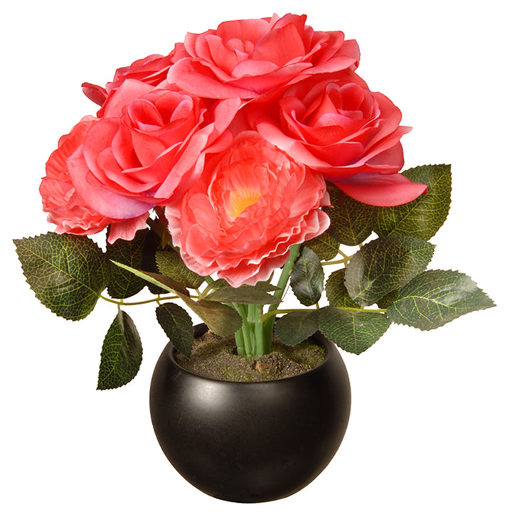Artificial Potted Flowers, Pink Roses, Includes Black Base, Spring Collection, 9 Inches