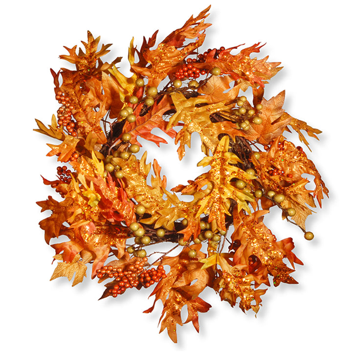 Artificial Autumn Wreath, Decorated with Maple Leaves, Berry Clusters, Autumn Collection, 24 in
