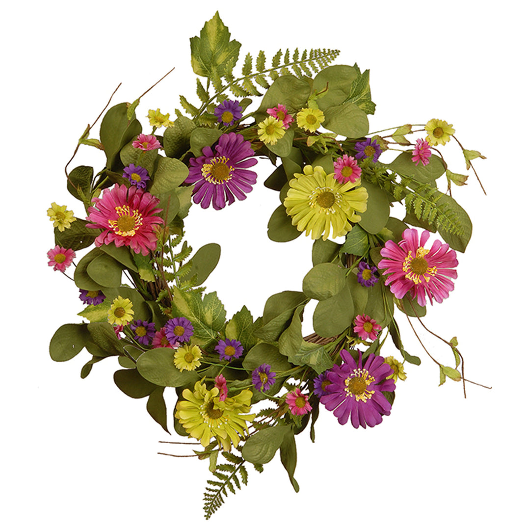 Artificial Hanging Wreath, Woven Branch Base, Decorated with Dasiy Blooms, Leafy Greens, Spring Collection, 22 Inches
