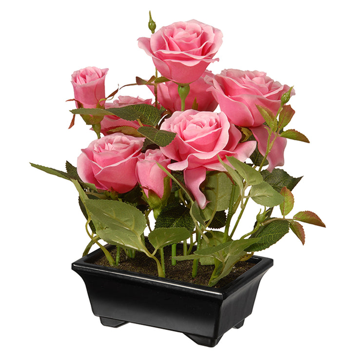 Artificial Potted Flowers, Pink Roses, Includes Black Base, Spring Collection, 10 Inches