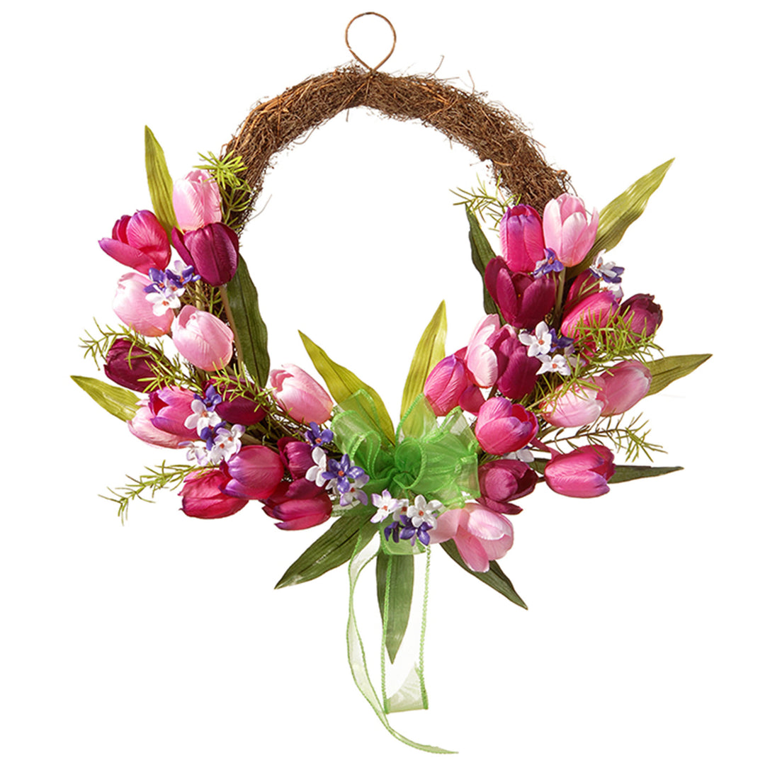 Artificial Hanging Wreath, Woven Branch Base, Decorated with Pink and Purple Tulip Blooms, Green Ribbon, Leafy Greens, Spring Collection, 20 Inches