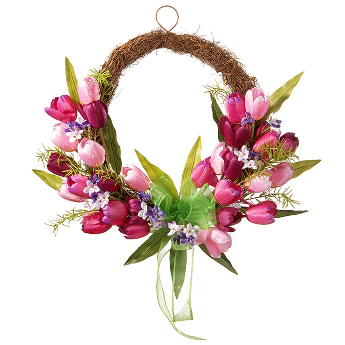20 in. Spring Wreath with Pink and Purple Tulip Blooms, Green Ribbon, Leafy Greens - National Tree Company
