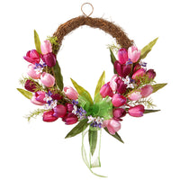 20 in. Spring Wreath with Pink and Purple Tulip Blooms, Green Ribbon, Leafy Greens - National Tree Company